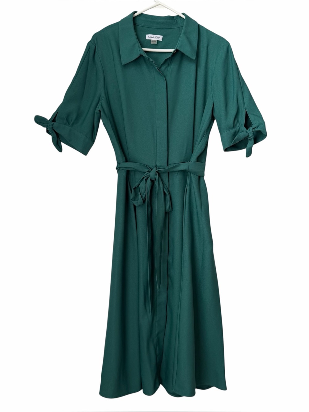 Calvin Klein Midi Shirt Dress Tie Sleeve Belted Green Size 14